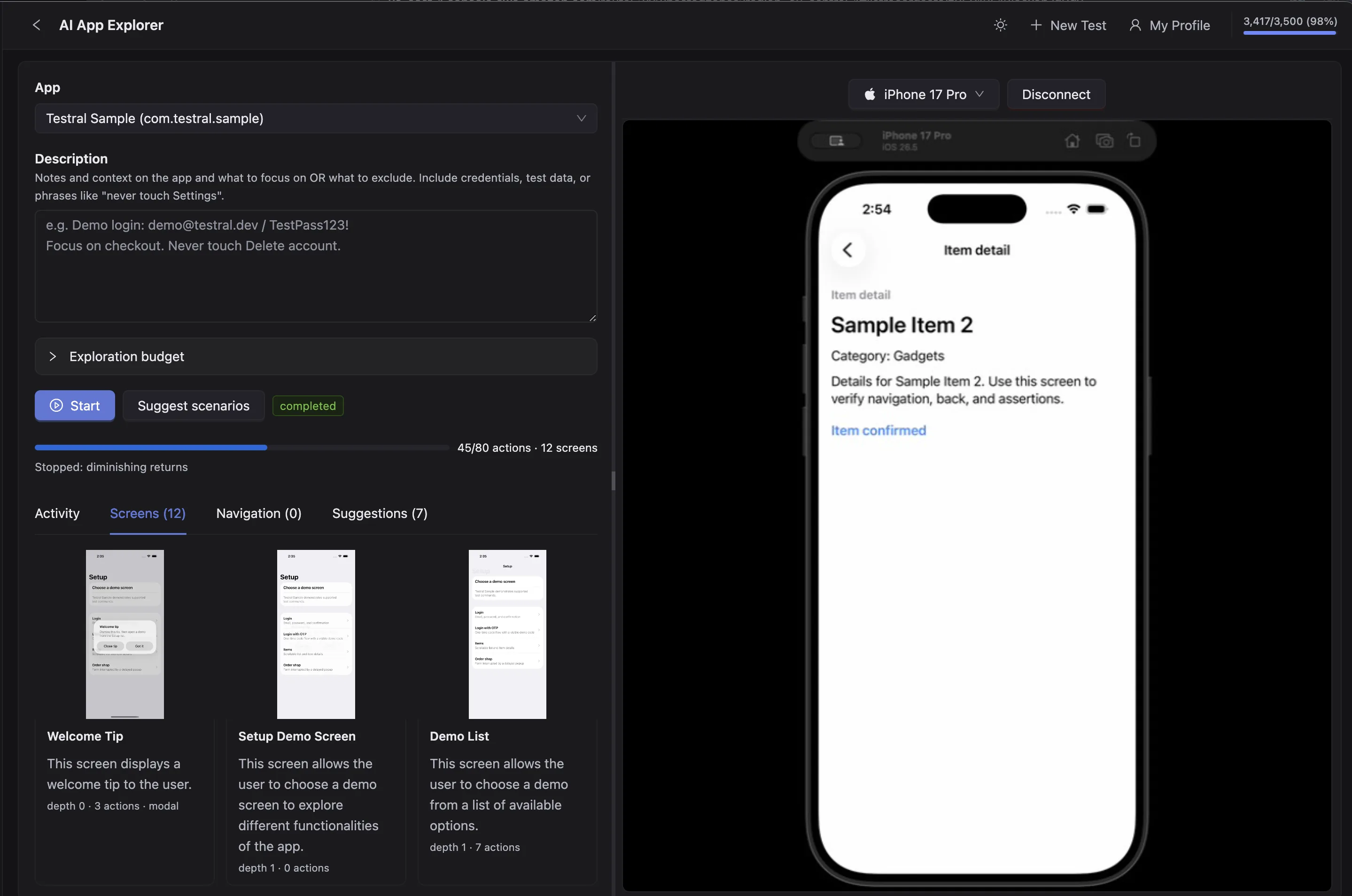 Testral AI QA Engineer with live device preview